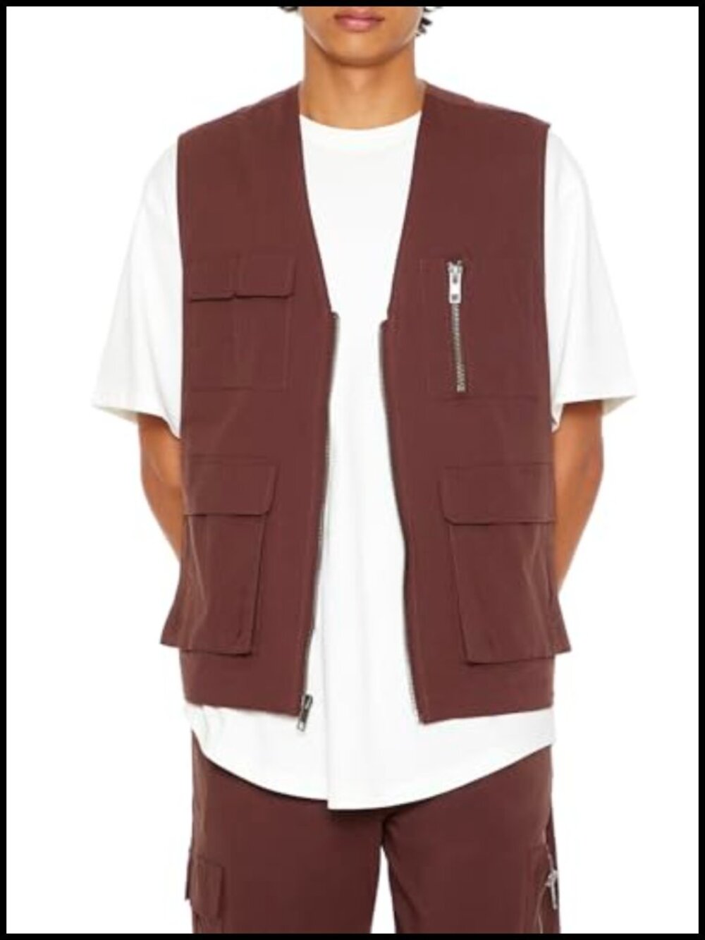 Men's Zip-Up Utility Cargo Vest Sleeveless V-Neck Full Length